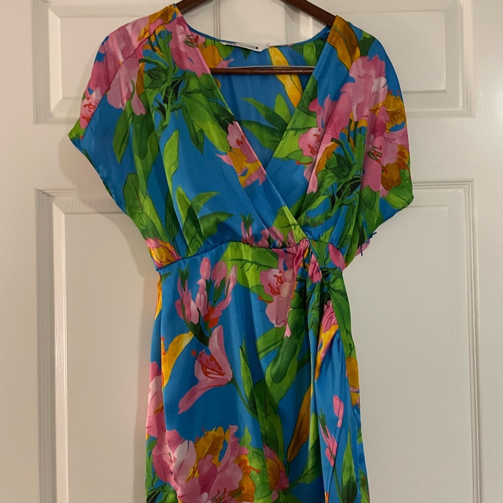 Zara Blue Tropical Floral Mini Dress Sz S
